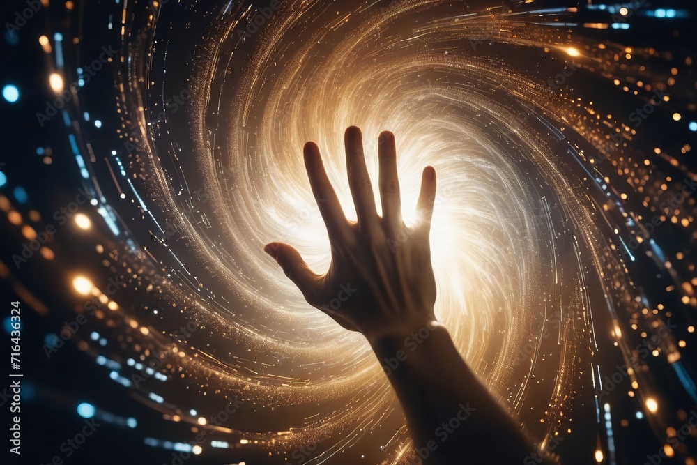 Hand reaching inside spinning vortex of light particles in big data and artificial intelligence concept - obrazy, fototapety, plakaty 