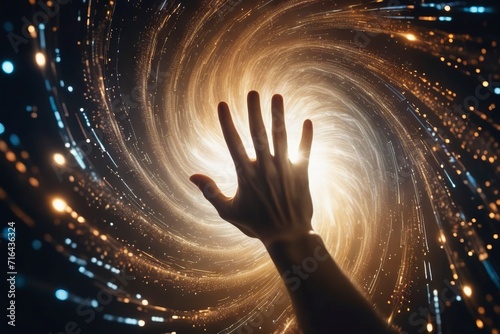 Hand reaching inside spinning vortex of light particles in big data and artificial intelligence concept