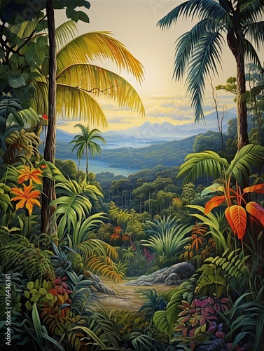 Tropical Jungle Wildlife  Vibrant Island Artwork Featuring a Beach Scene