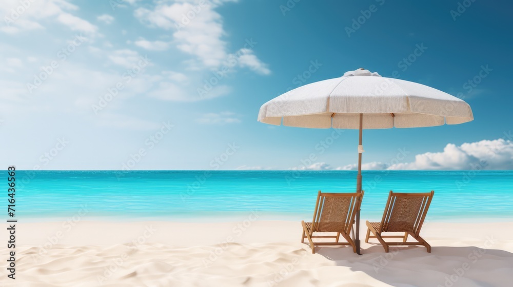 Serenity at tropical beach with sun loungers and parasol. Summer vacation and travel.