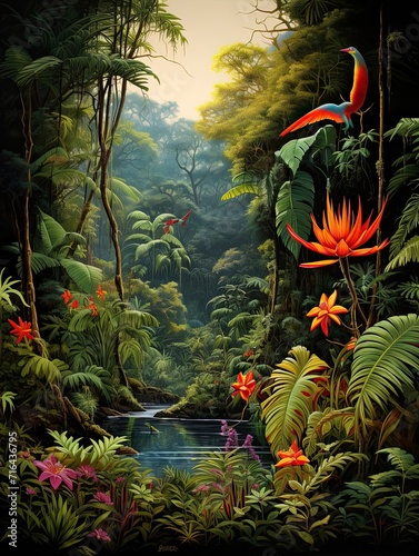 Tropical Jungle Wildlife: A Modern Landscape of Exquisite Jungle Scene Art