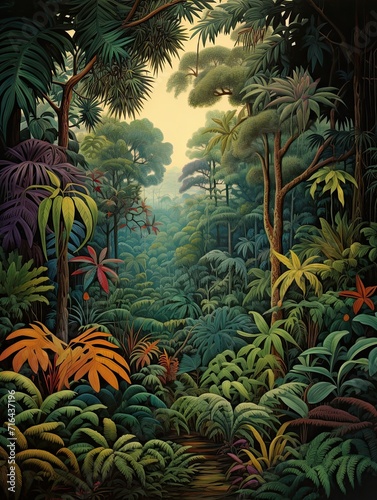 Tropical Jungle Wildlife  Vintage Rainforest Landscape Painting