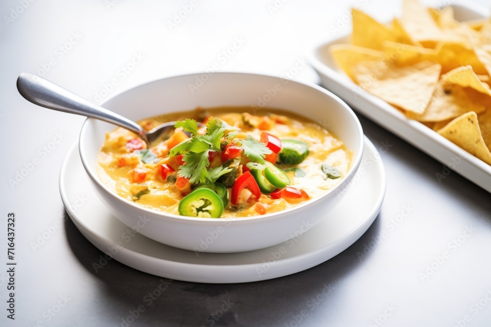 cheesy queso dip in a white bowl with a spoon