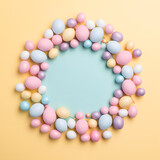 Easter eggs on a blue and yellow background with space for text. colorful eggs in pastel colors. easter background
