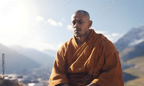 A pensive Buddhist monk meditates on a mountain. photo
