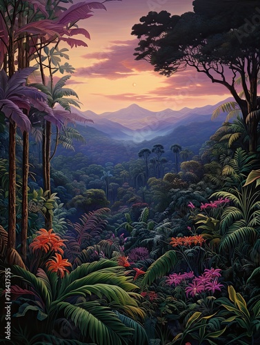 Twilight Jungle Vistas  Captivating Art of Dimly Lit Jungle-Covered Rolling Hills