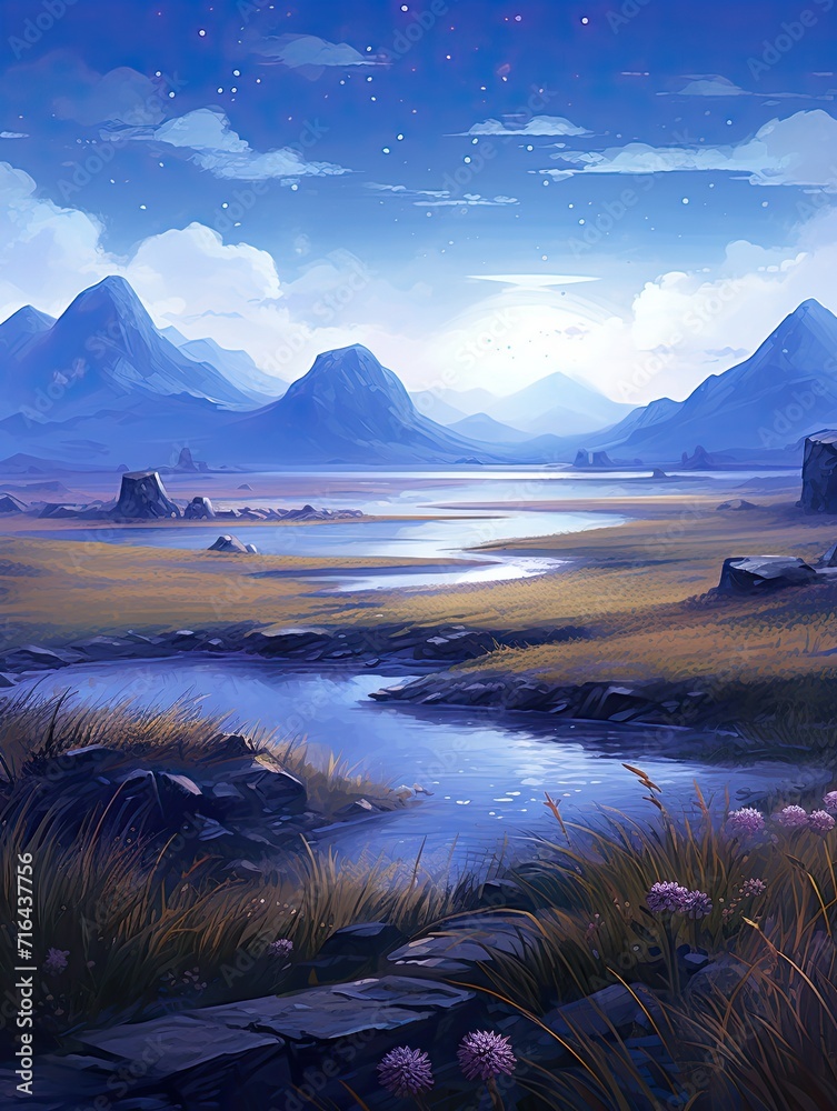 Twinkling Starlit Plains: A Serene Artwork of an Island Bathed in Starry Skies