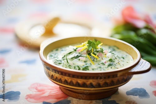 close-up of spinach raita with a dab of butter