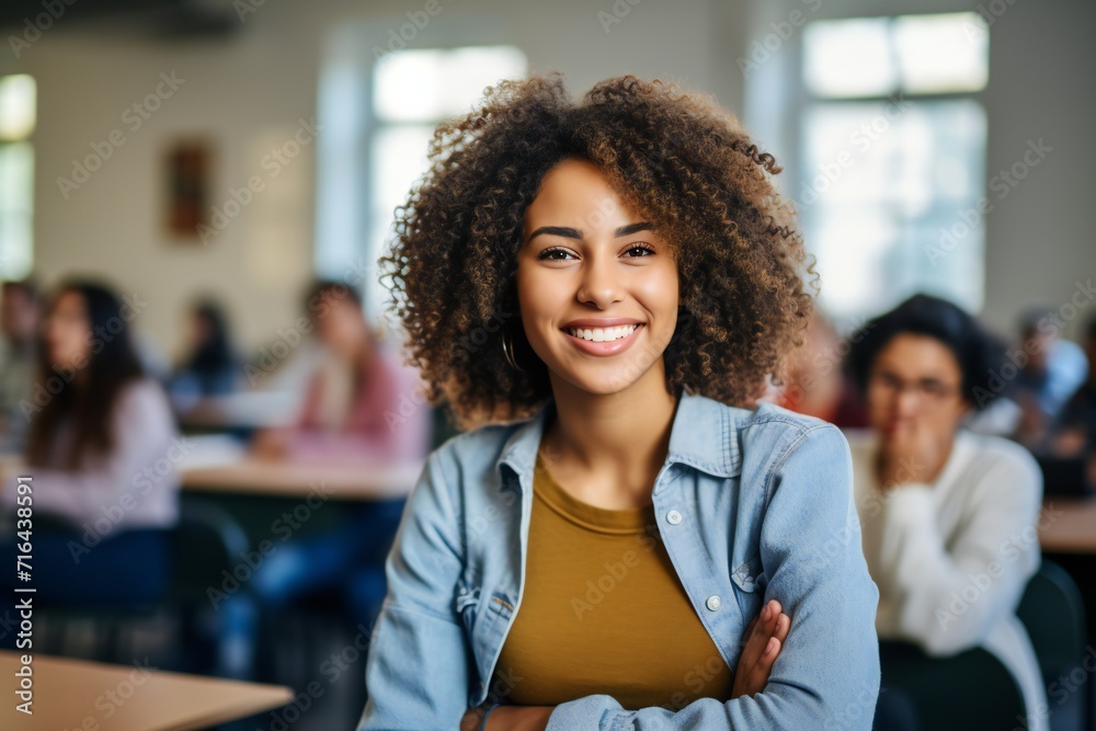 Happy black female university student attending lecture in classroom and looking at camera Happy black female university student attending lecture in classroom and looking at camera