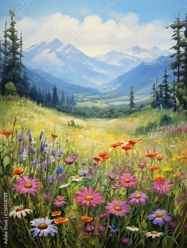 Verdant Valley Landscapes: Lush Grass and Colorful Wildflowers in a Meadow Painting © Michael