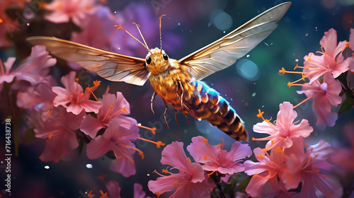 Clearwing Hummingbird Moth Hovering Near Blossoms Against the Background of Soft-Focused Flowers photo