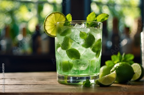 Mojito cocktail with lime and mint on a wooden table
