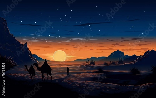 very beautiful illustration of a camel in the desert at night  