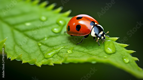 Macro Beauty: Ladybug Resting on Lush Green Leaf with Artfully Blurred Foliage Background