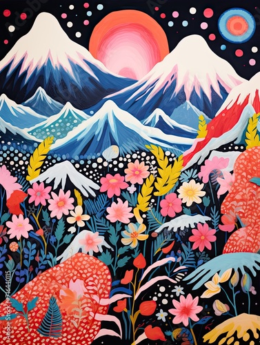 Vibrant Fiesta Patterns: Snow-Capped Mountain Print for a Frosty Festival