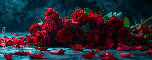 a bunch of red roses arranged in a pile on the floor  in the style of richly detailed backgrounds  ultra detailed  dark romantic