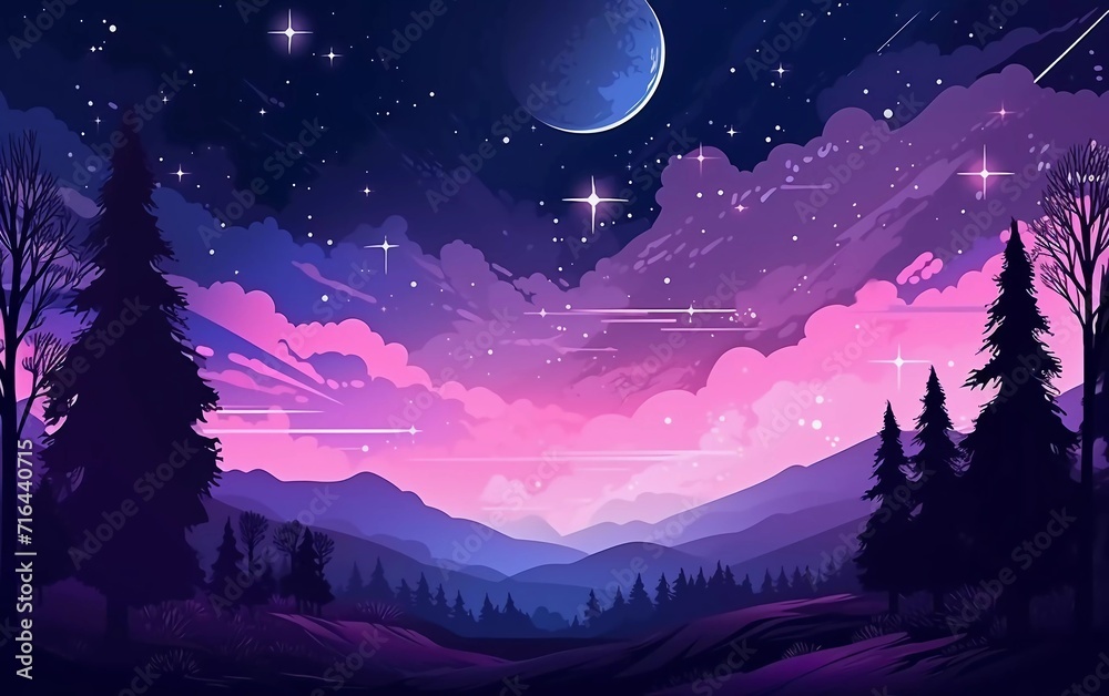 Starry night Very beautiful shooting stars over the forest horizon Cartoon landscape illustration

