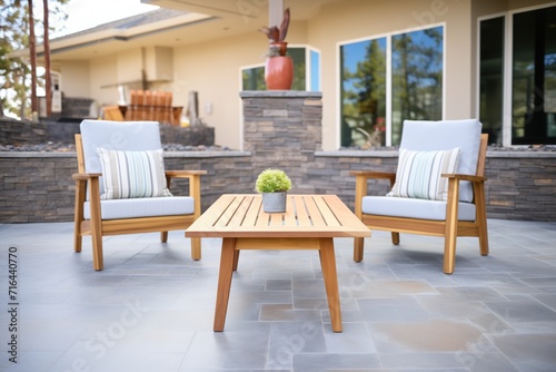 wood furniture on flagstone patio photo