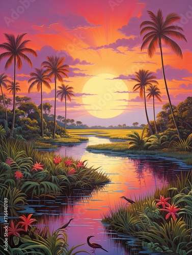 Vibrant Marshland Hues: A Tropical Beach Art with Stunning Marshes and Tropical Backdrops