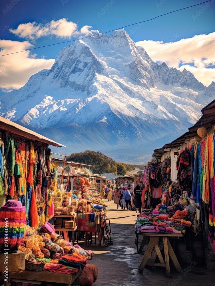 Obraz premium Vibrant South American Markets: Snow-Capped Mountain, Chilly Market, and High-Altitude Trade