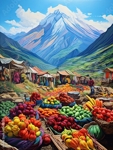 Vibrant South American Markets: Valley Landscape and Mountain Market HD Image photo