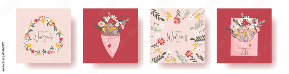 Set of 4 square greeting cards for international women's day with calligraphic hand written phrase. Women with flowers. Eight march. Hand drawn flat vector illustration - obrazy, fototapety, plakaty 