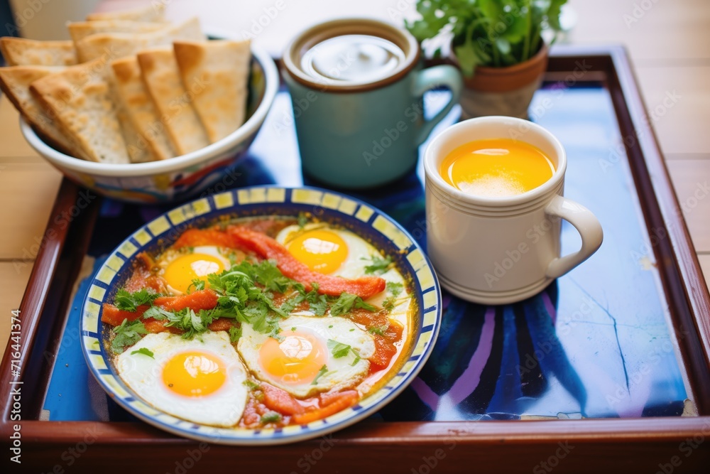 shakshuka breakfast with coffee and orange juice on the tray shakshuka breakfast with coffee and orange juice on the tray
