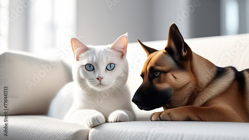 Cat and dog on a white sofa.
