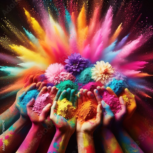 Explosion of colored paint with hands and flowers. Holi Festival