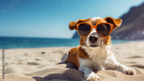 cute dog with sunglasses on the sand beach.