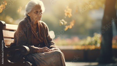 A lonely elderly woman sitting in the park with blurred background