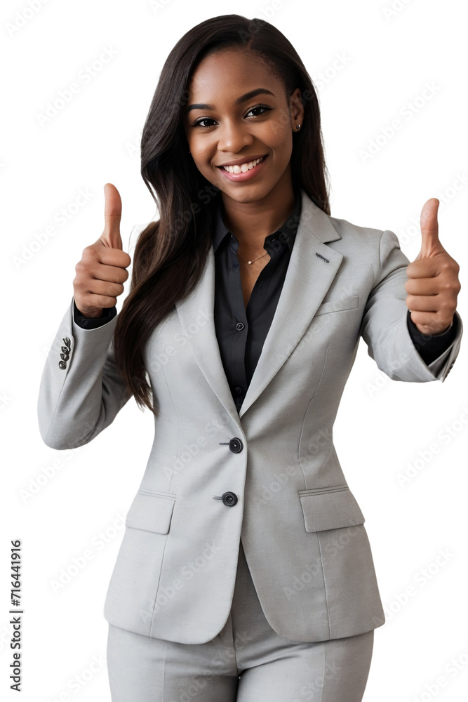 A black businesswoman confidently smiling and giving a thumbs up, isolated, transparent background, no background. PNG.