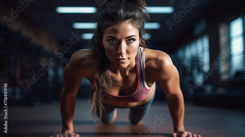 woman with healthy muscular body doing push ups in gym