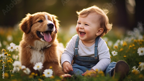 Little child laughing with dog and playing at the park in spring