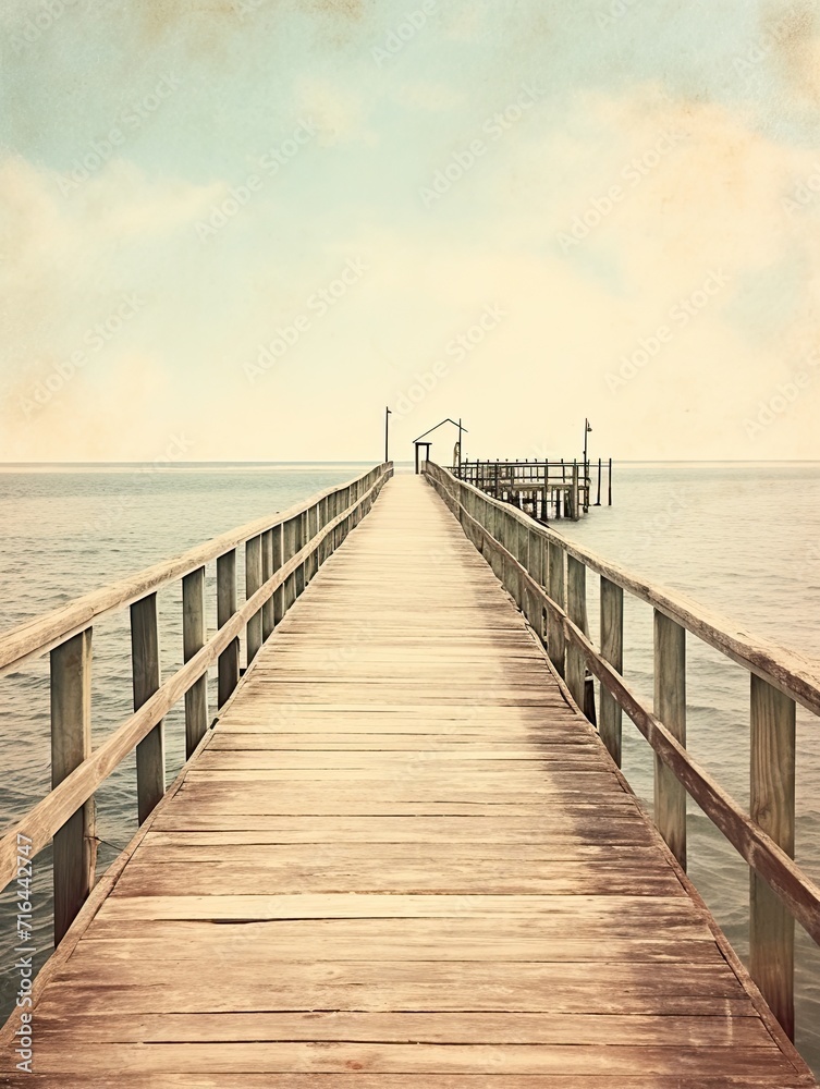 Vintage Seaside Piers: Rustic Earth Tones Dock View Print