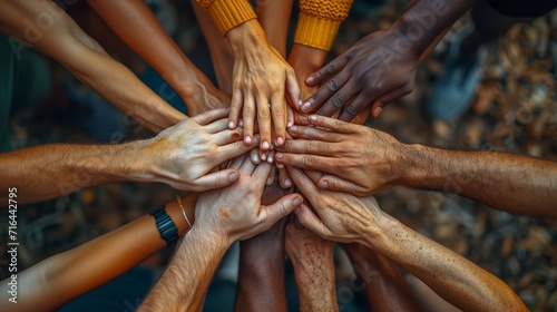 Teamwork and Friendship A powerful stacked hands symbolizing unity, motivation, and encouragement within a diverse team, highlighting the strength that comes from collaborative efforts and diversity