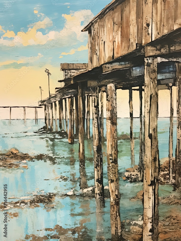 Vintage Handmade Landscape Painting: Seaside Piers and Pier Craft, Original Dock Art