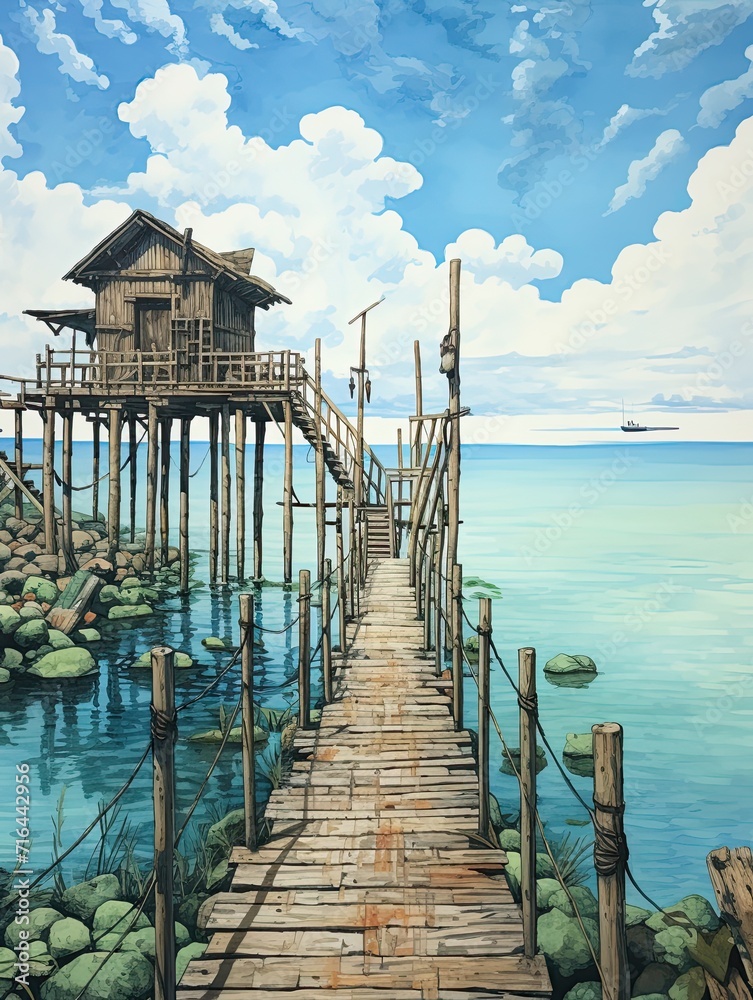 Vintage Seaside Piers Island Artwork: Pier with Island View in Oceanic Landscape.