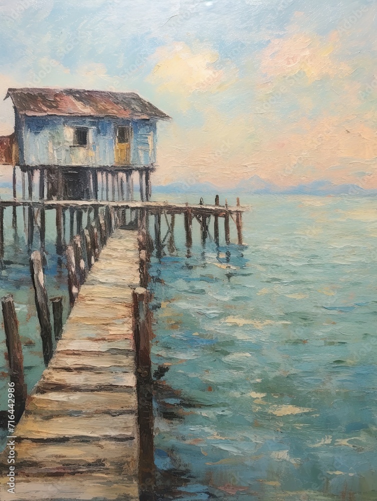 Vintage Seaside Piers Impressionist Landscape: Artistic Dock Scene of a Serene Seaside Ambiance