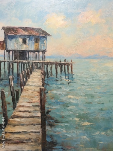 Vintage Seaside Piers Impressionist Landscape: Artistic Dock Scene of a Serene Seaside Ambiance © Michael