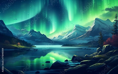 Illustration of northern lights - Aurora borealis in beautiful sky

