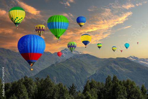 Bright hot air balloons flying in sunset sky over mountains