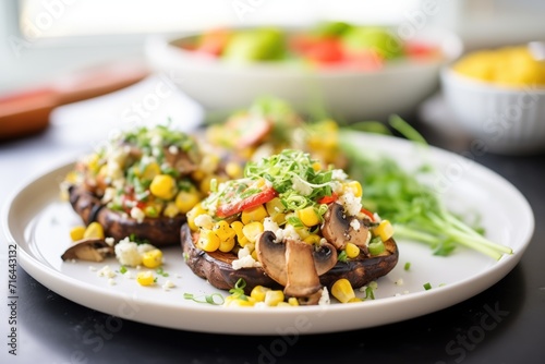 colorful stuffed portobello mushrooms with bell peppers and corn