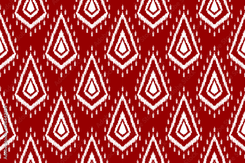 Fabric ethnic ikat art. Seamless pattern in tribal. Aztec geometric ornament print. Red background. Design for wallpaper, illustration, fabric, clothing, carpet, textile, batik, embroidery. Fabric ethnic ikat art. Seamless pattern in tribal. Aztec geometric ornament print. Red background. Design for wallpaper, illustration, fabric, clothing, carpet, textile, batik, embroidery.