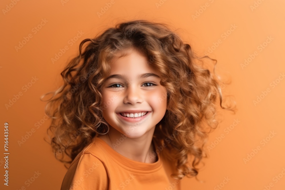Portrait of a smiling little girl with curly hair over orange background. Portrait of a smiling little girl with curly hair over orange background.