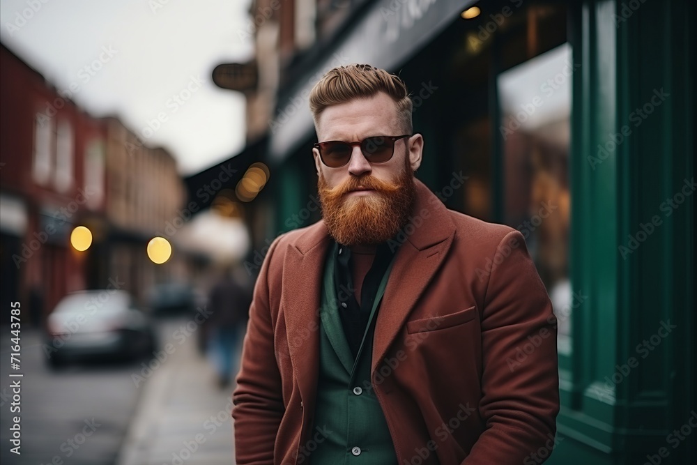 Portrait of a red-bearded hipster in a coat and sunglasses on the street. Portrait of a red-bearded hipster in a coat and sunglasses on the street.
