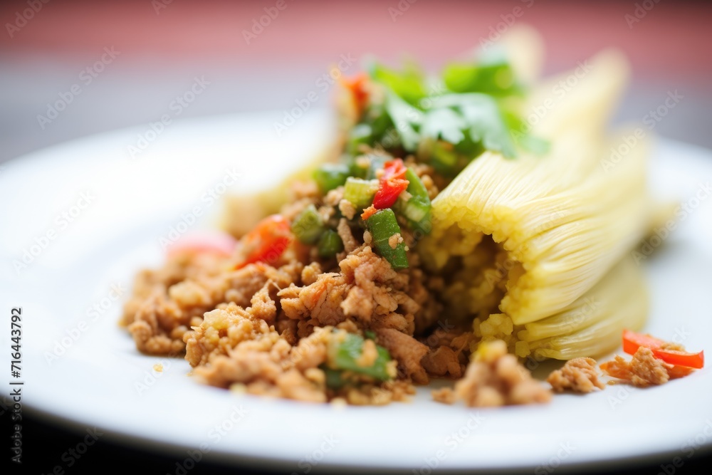close view of a tamale with spicy meat filling close view of a tamale with spicy meat filling
