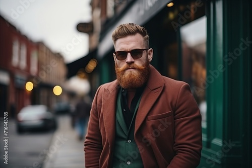 Portrait of a red-bearded hipster in a coat and sunglasses on the street.