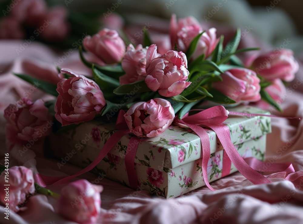 Gift box with pink tulips on a rustic background. Gift box with pink tulips on a rustic background.