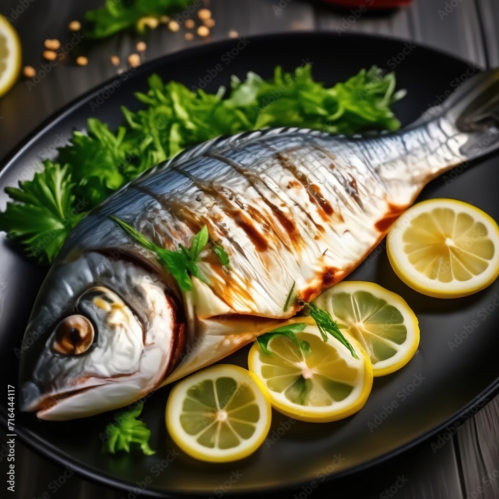 grilled dorado fish with lemon slices on a black plate. tasty dish